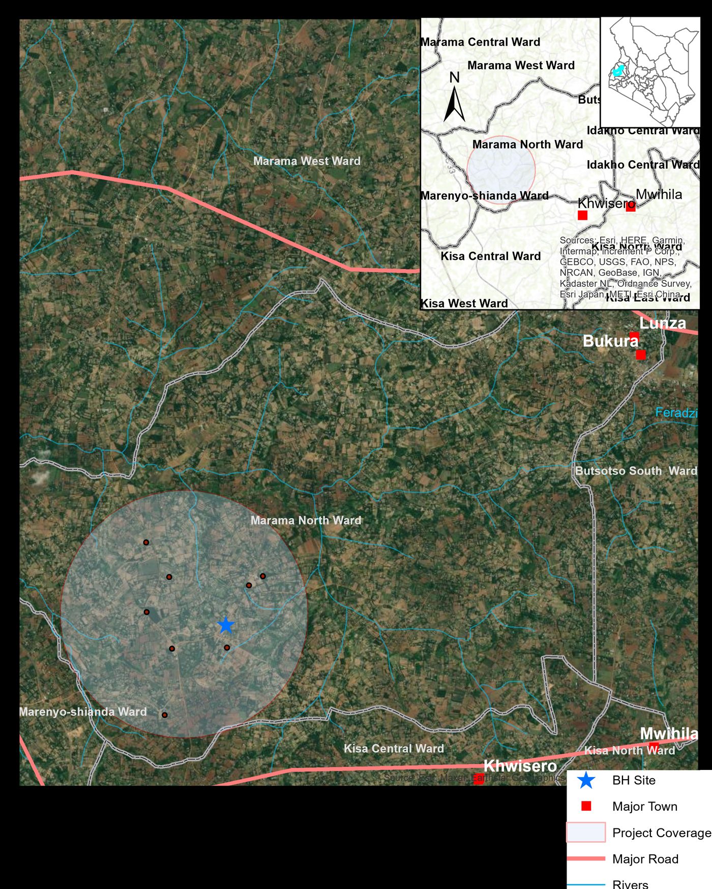 Map of the Shiraha Fresh Water project coverage area within Marama North Ward, Butere Sub-County, Kakamega County, Kenya, showing the borehole site, project coverage radius, major roads and rivers